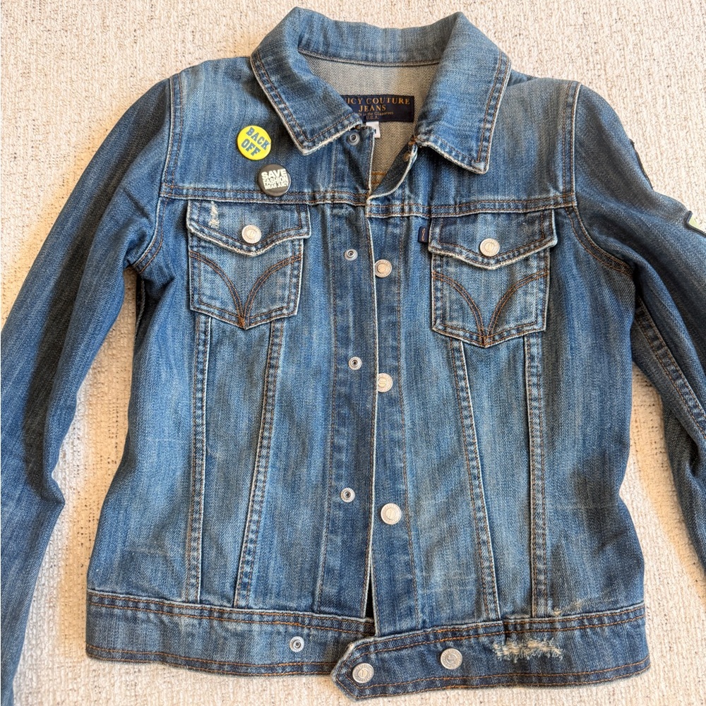 Juicy Couture Blue Denim Jacket with Pins and Patches